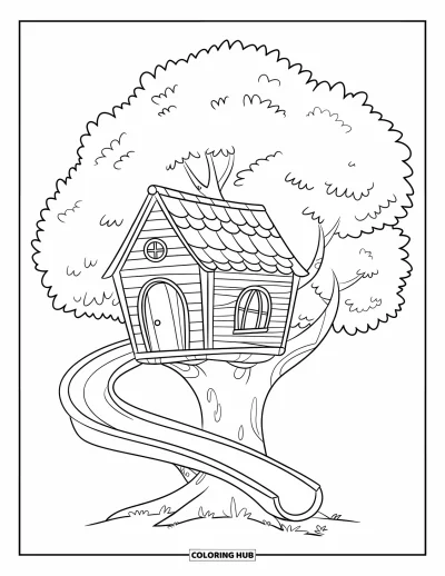 Desenho de Casa na Árvore para Crianças: Uma casa na árvore com um escorregador e uma porta e janela