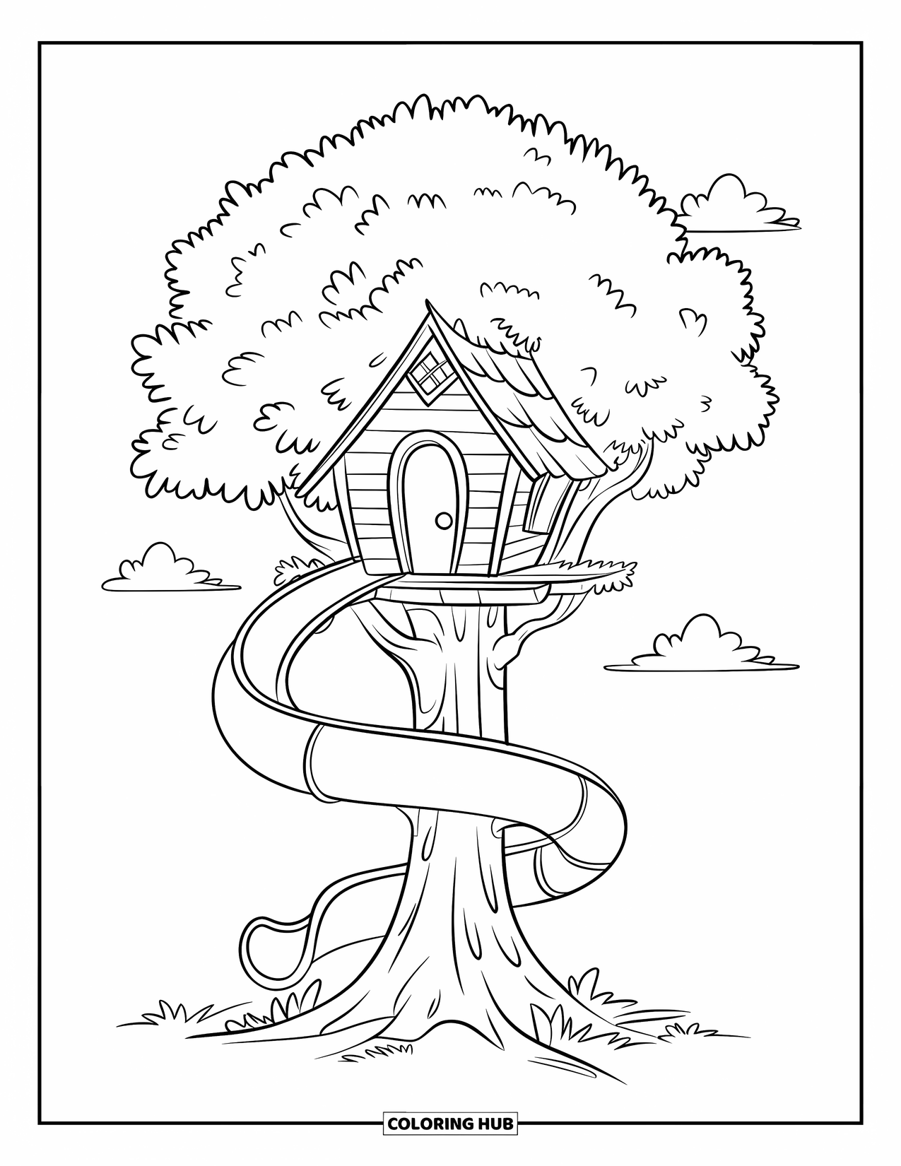 Treehouse Coloring Page for Kids: A treehouse with a slide and leaves at the top