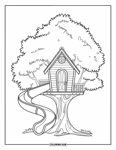 Desenho de Casa na Árvore para Crianças: Uma casa na árvore com um escorregador que envolve o tronco da árvore