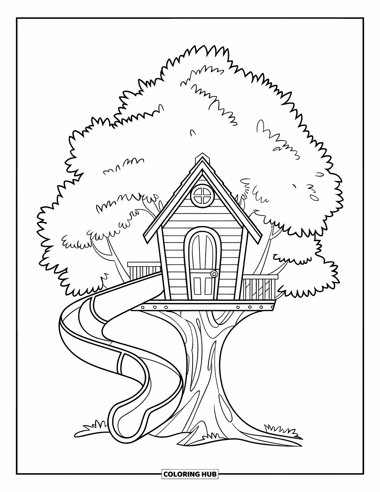 Treehouse Coloring Page for Kids: A treehouse with a slide wrapping around the tree trunk