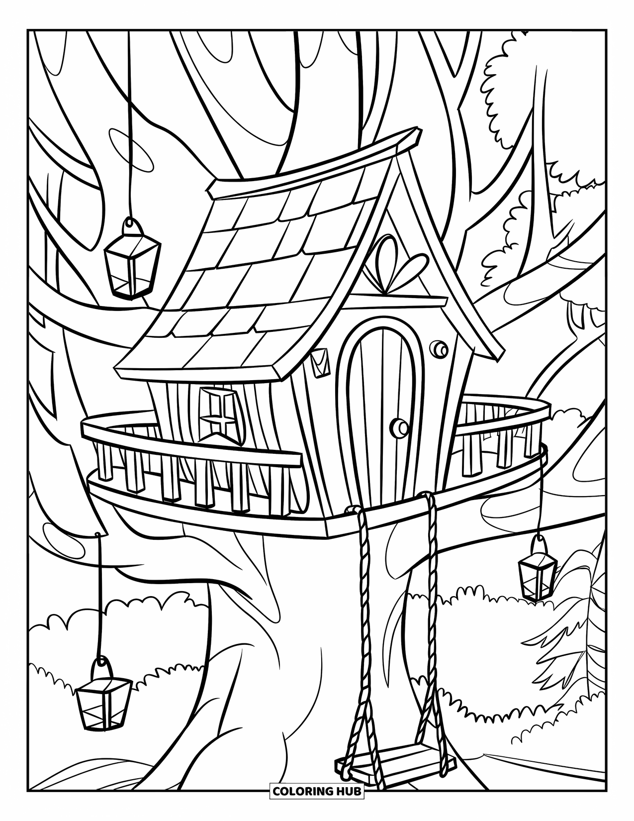 Treehouse Coloring Page for Kids: A treehouse with a sloping roof, lanterns, and a rope swing