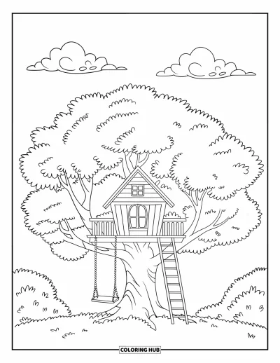 Desenho de Casa na Árvore para Crianças: Uma casa na árvore com um escorregador em espiral, escadas e arredores exuberantes