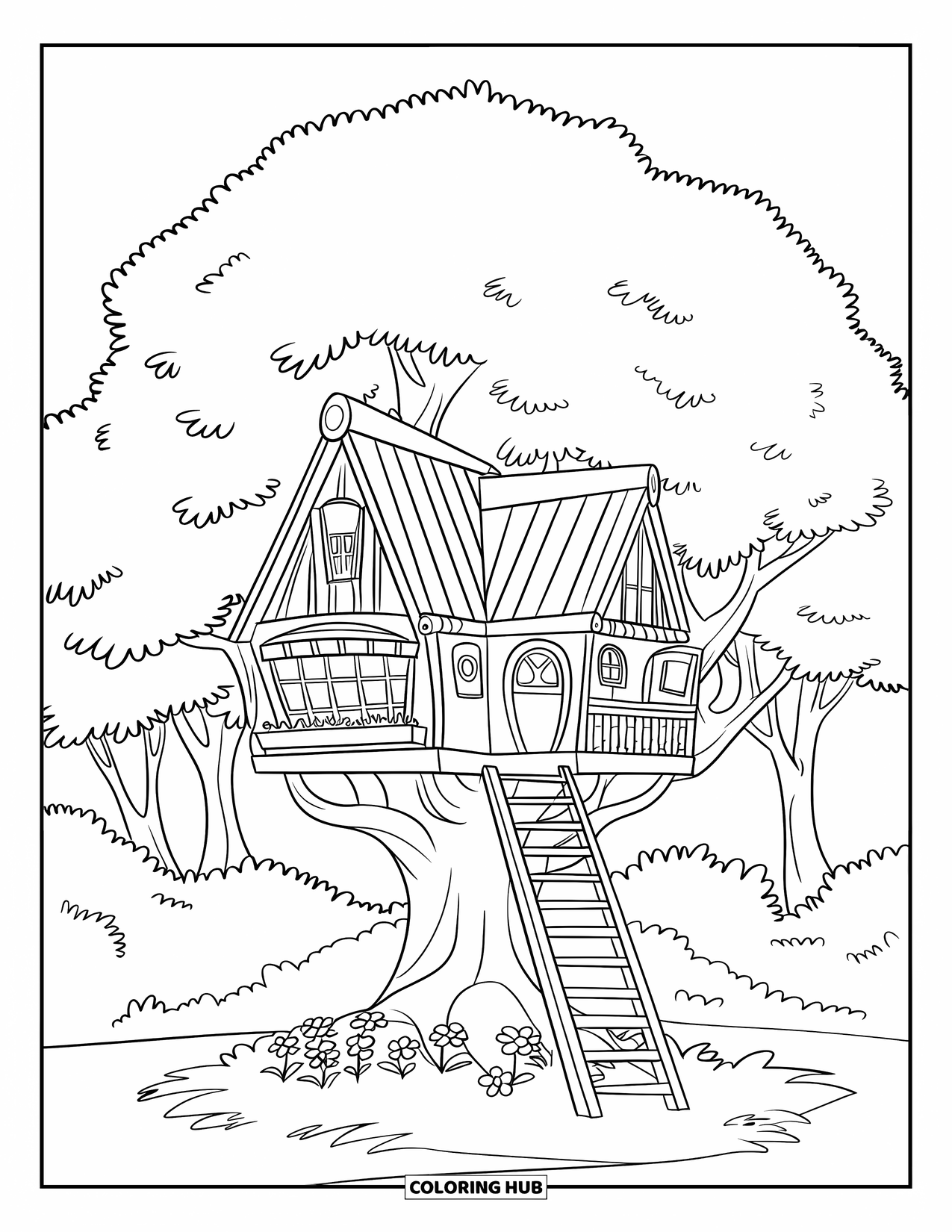 Treehouse Coloring Page for Kids: A treehouse with a squirrel, a bird, and leafy branches