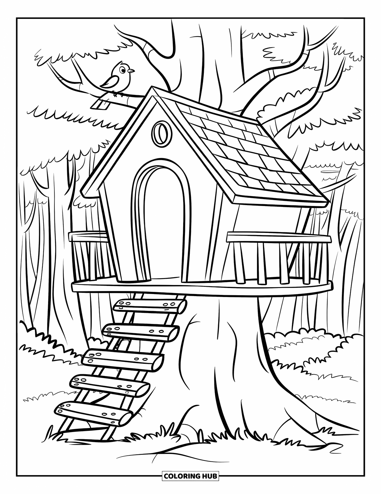 Treehouse Coloring Page for Kids: A treehouse with a swing, leafy branches, and wooden railings