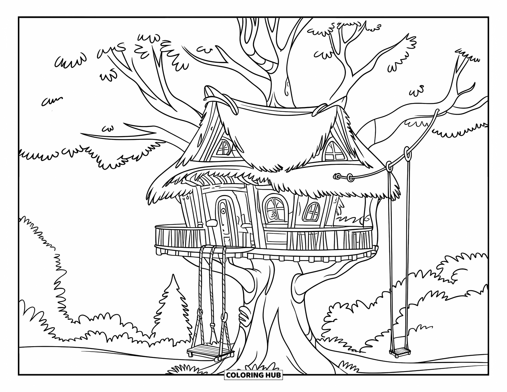 Treehouse Coloring Page for Kids: A treehouse with a thatched roof, balconies, and a zipline