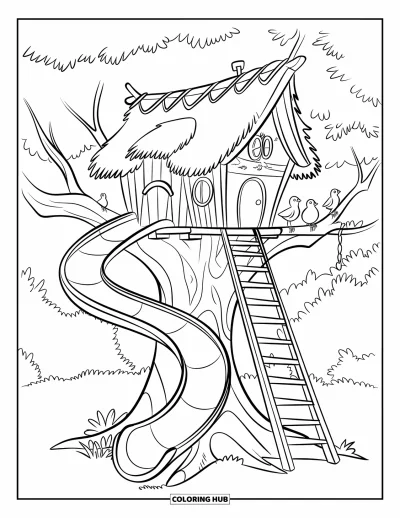 Desenho de Casa na Árvore para Crianças: Uma casa na árvore com um telhado de palha, escada e um escorregador