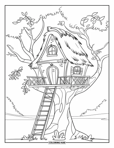 Desenho de Casa na Árvore para Crianças: Uma casa na árvore com um telhado de palha, escada e pássaros entre as folhas