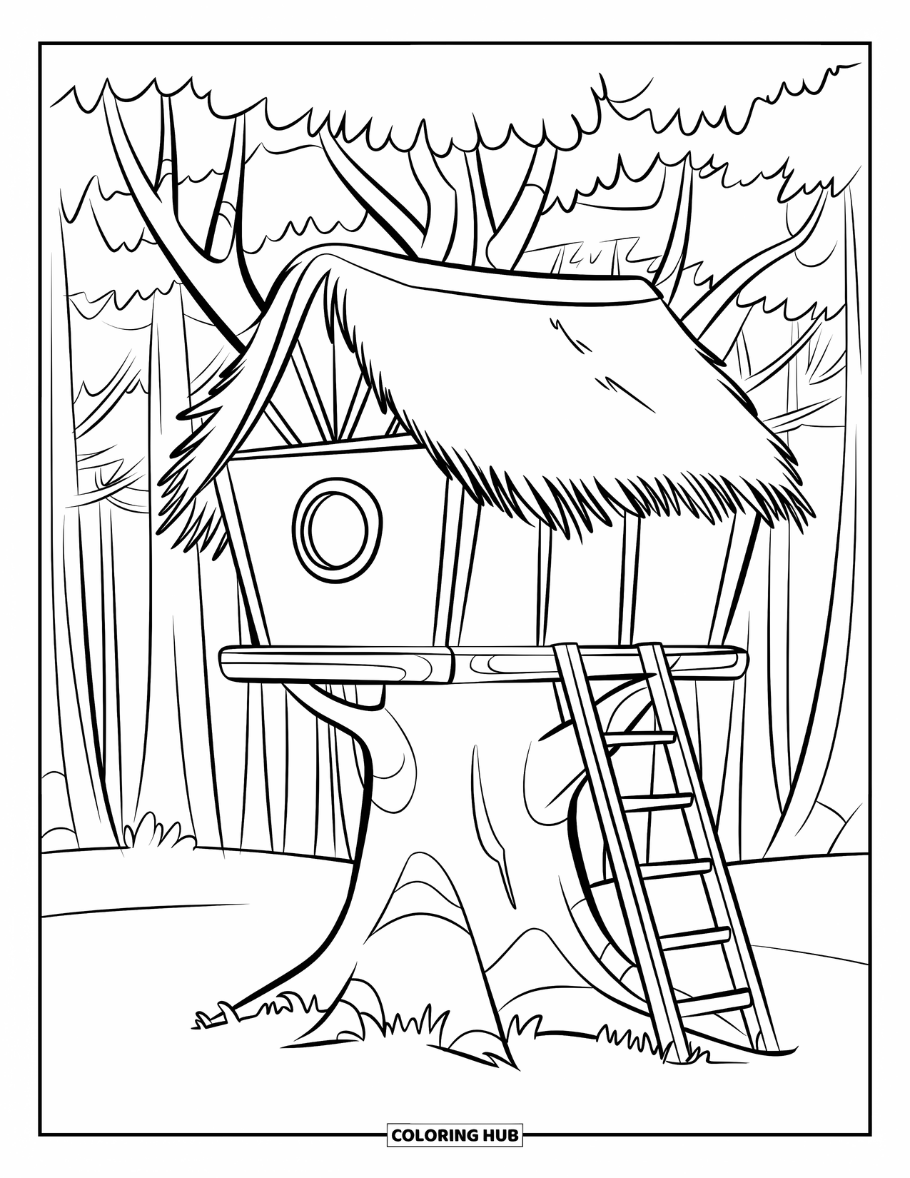 Treehouse Coloring Page for Kids: A treehouse with a thatched roof, ladder, and round window in a forest