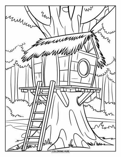 Desenho de Casa na Árvore para Crianças: Uma casa na árvore com um telhado de palha, janela redonda e escada em uma árvore texturizada