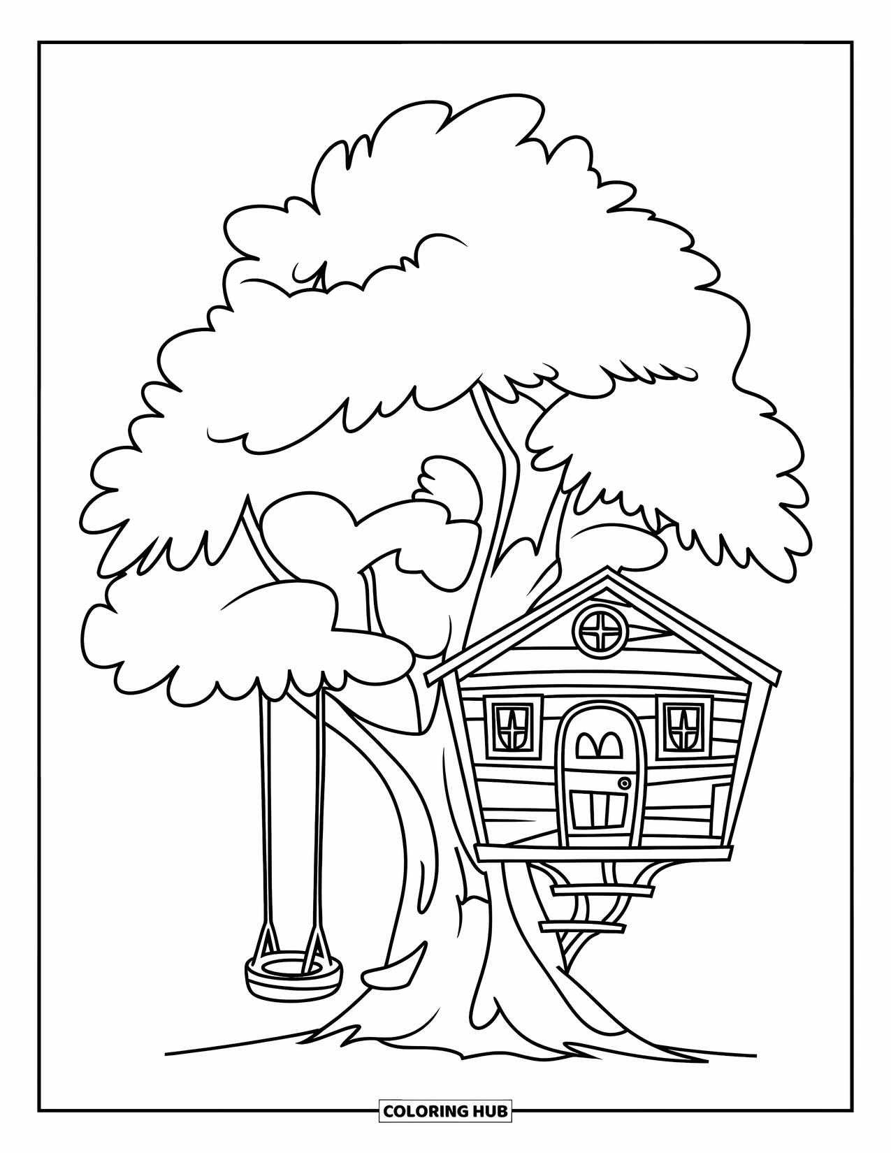 Treehouse Coloring Page for Kids: A treehouse with a tire swing and large branches