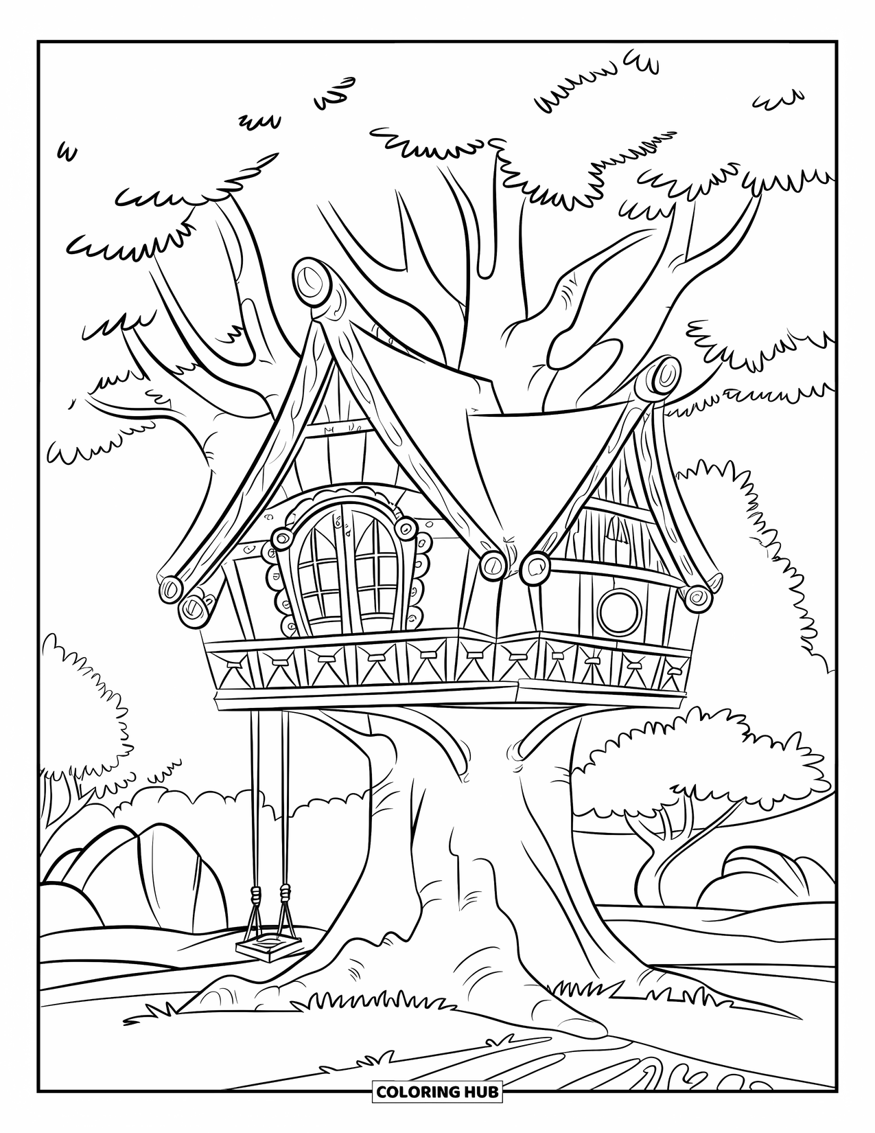 Treehouse Coloring Page for Kids: A treehouse with beams, a balcony, and a rope swing
