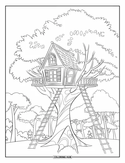 Desenho de casa na árvore para colorir para crianças: Uma casa na árvore com janelas detalhadas, escadas de madeira e pássaros ao redor