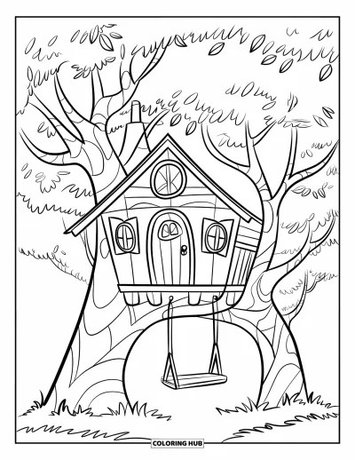 Desenho de Casa na Árvore para Crianças: Uma casa na árvore com galhos frondosos, um balanço e uma pequena porta