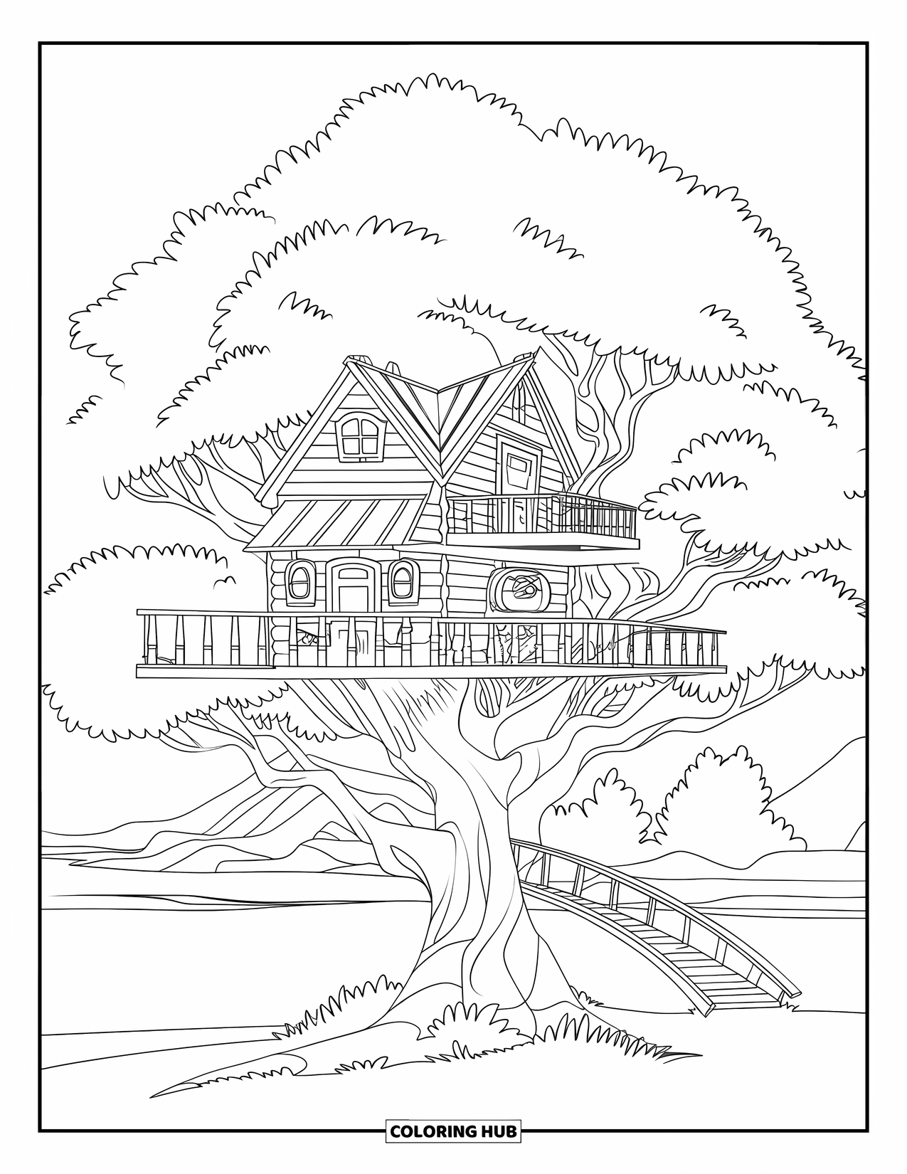 Treehouse Coloring Page for Kids: A treehouse with levels, a wooden bridge, and balcony railings