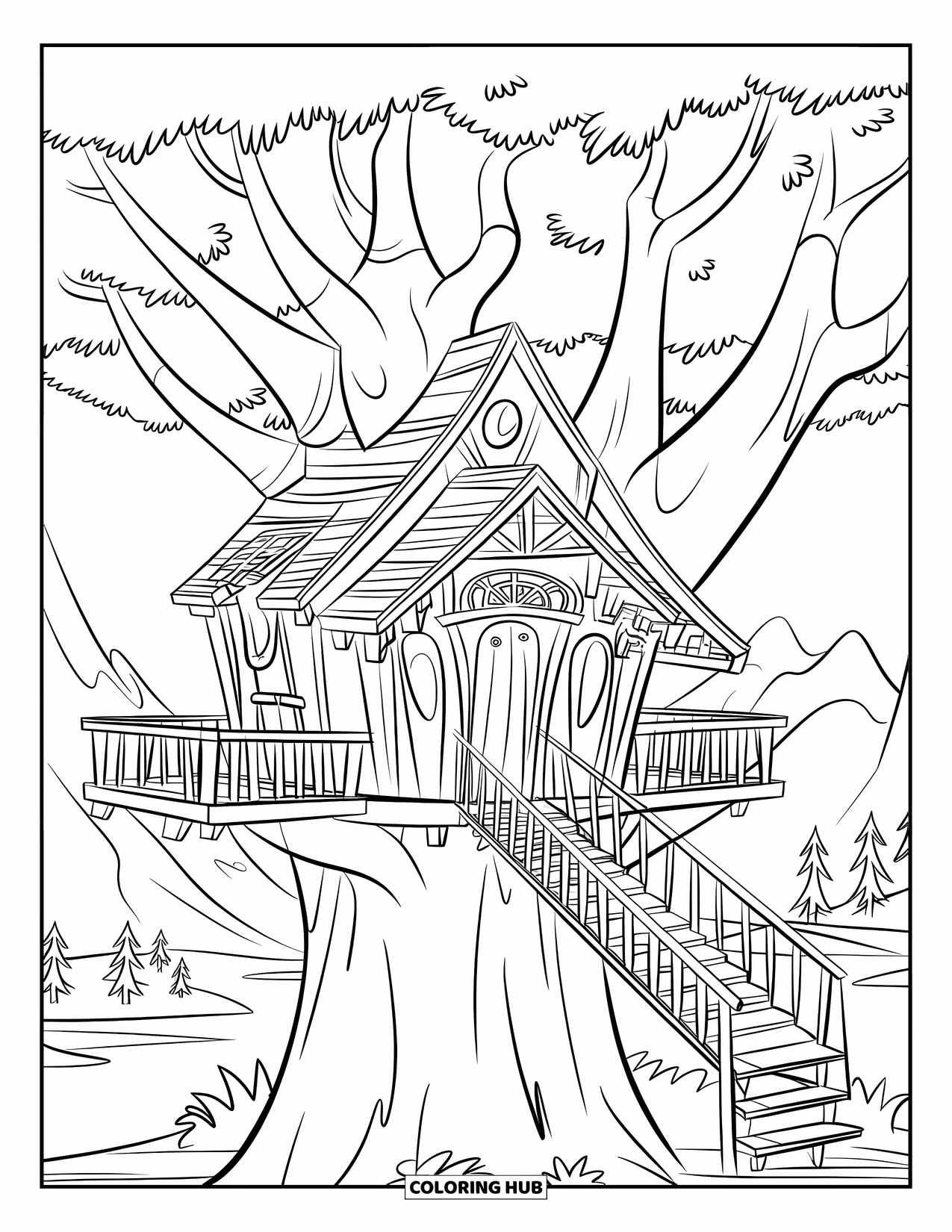 Treehouse Coloring Page for Kids: A treehouse with multiple levels, a bridge, and balcony railings