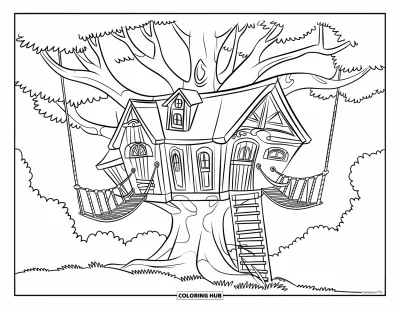 Desenho de Casa na Árvore para Crianças: Uma casa na árvore com pontes de corda, várias portas e uma escada de madeira