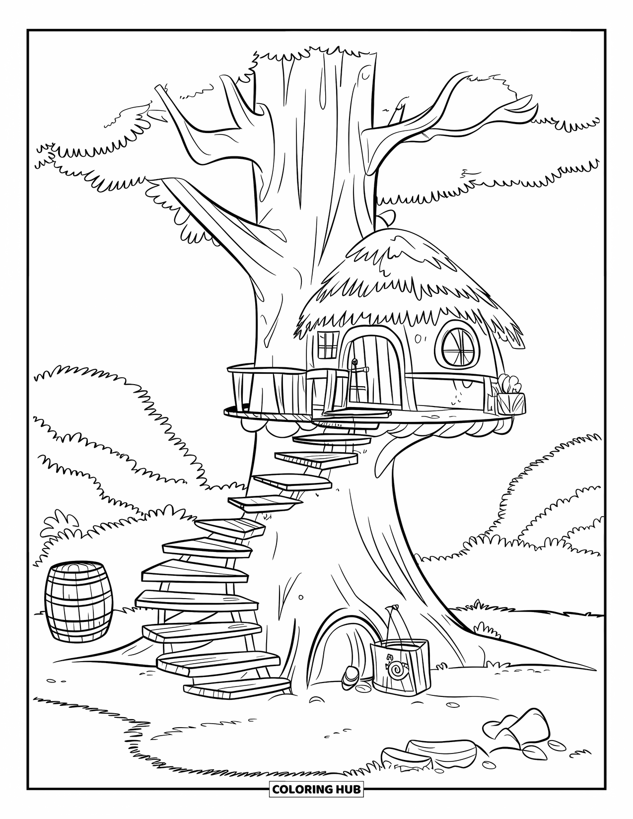 Treehouse Coloring Page for Kids: A treehouse with wooden steps, platforms, and a thatched roof
