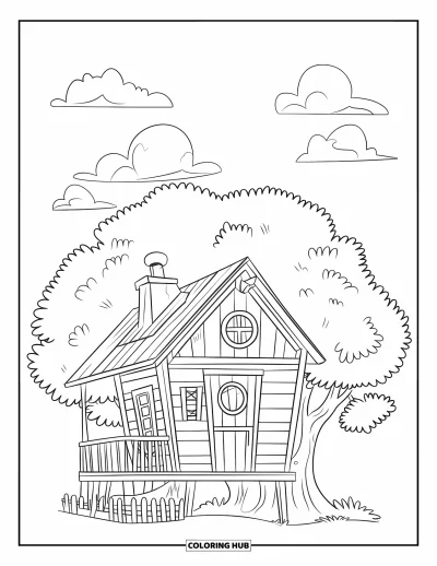 Desenho de casa na árvore para colorir para crianças: Uma casa na árvore estilo cabana de madeira com uma pequena cerca