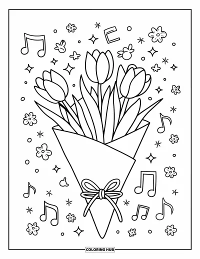 Tegning med tulipaner til voksne: En buket tulipaner i papir er bundet med snor og har glimmer omkring sig