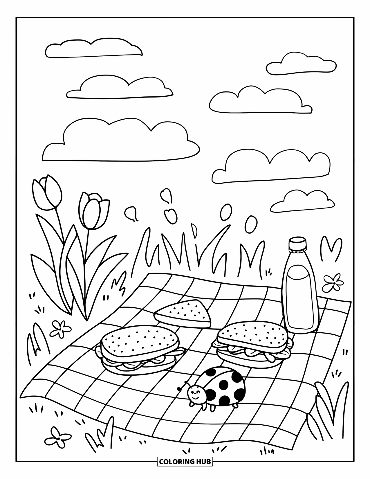 Tulip Coloring Page for Adults: A checkered blanket holds tulips and sandwiches, with a ladybug watching