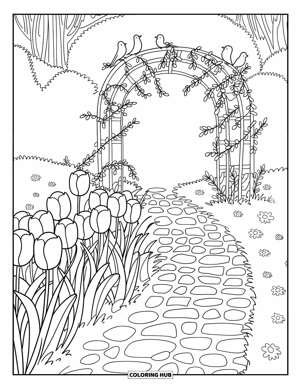 Tulip Coloring Page for Adults: A cobblestone path with tulips leads to a vine-covered garden arch