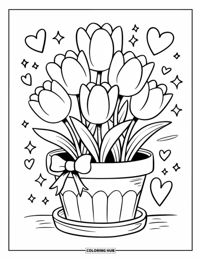 Tegning med tulipaner til voksne: En blomsterpotte med tulipaner og en sløjfe omgivet af hjerter og glimmer