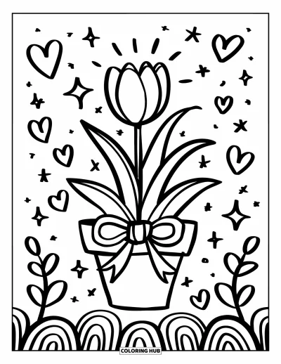 Tegning med tulipaner til voksne: En blomsterpotte med tulipaner og en bånd-sløjfe med hjerter og stjerner i nærheden