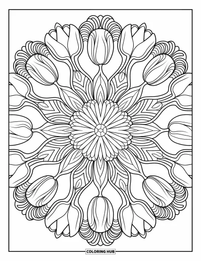 Tegning med tulipaner til voksne: En mandala med tulipanblade stråler symmetrisk i et indviklet mønster