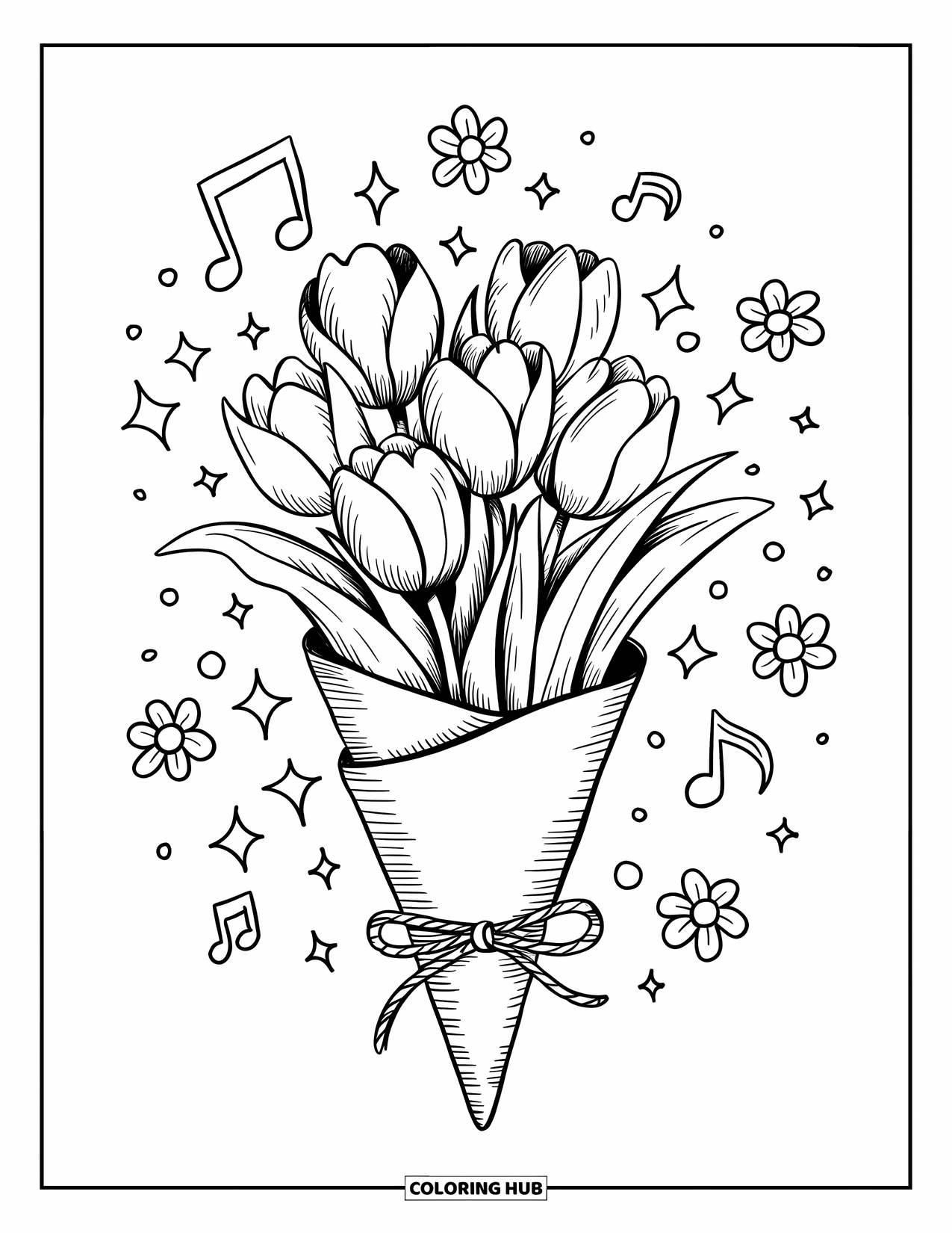 Tulip Coloring Page for Adults: A paper-wrapped tulip bouquet with sparkles and musical notes floats around
