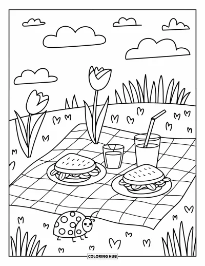 Tegning med tulipaner til voksne: En picnic-scene med tulipaner, sandwich og en mariehøne på et tæppe