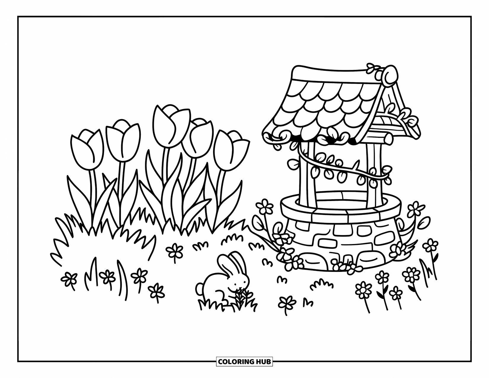 Tulip Coloring Page for Adults: A shy rabbit eats grass near a wishing well surrounded by tulips and wildflowers