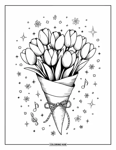 Tegning med tulipaner til voksne: En tulipanbuket i papir har glimmer og små blomster omkring sig