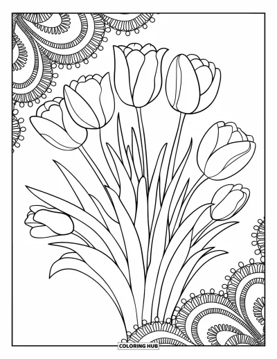 Tegning med tulipaner til voksne: En tulipanbuket i en vase med blondemønstre i baggrunden
