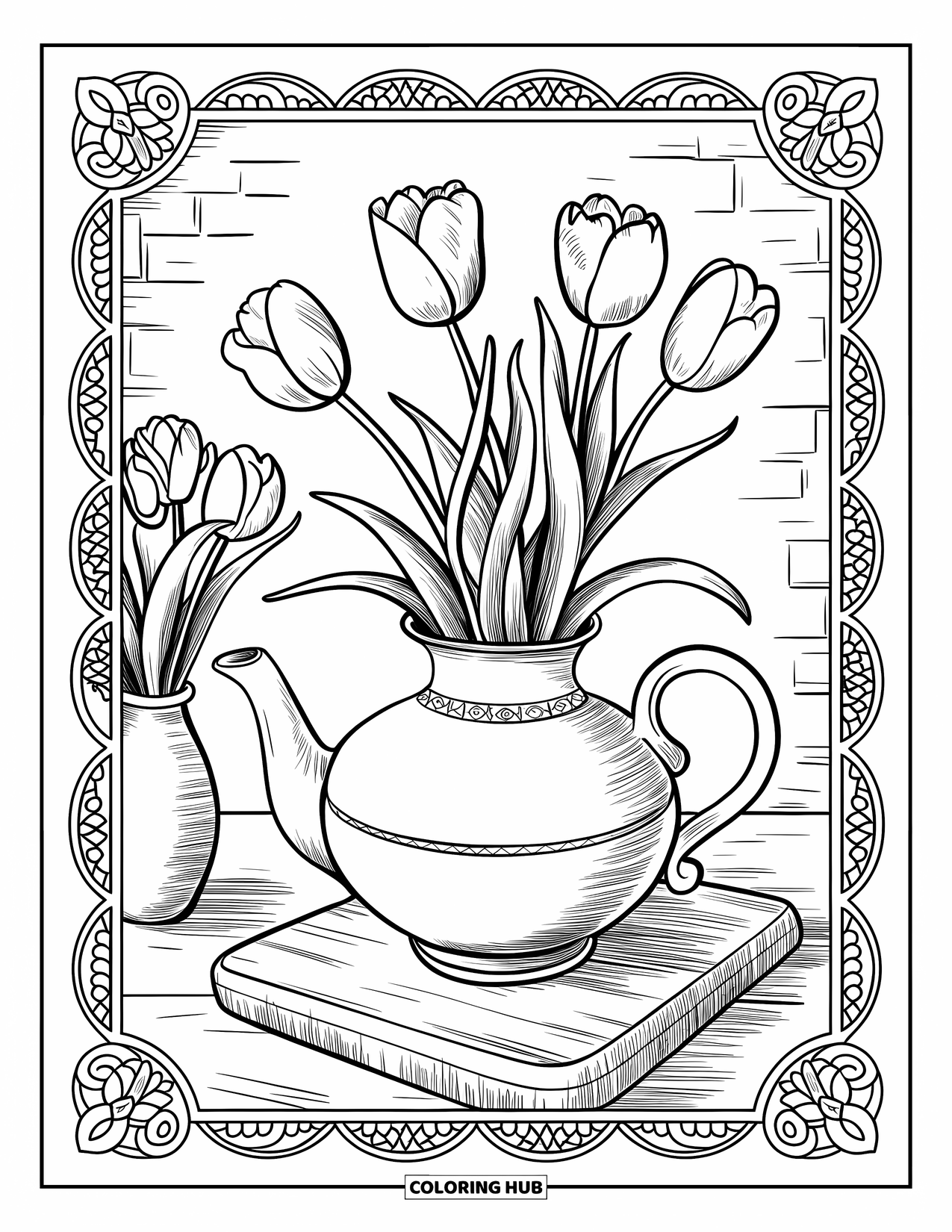 Tulip Coloring Page for Adults: A vintage teapot with tulips stands on a wooden base