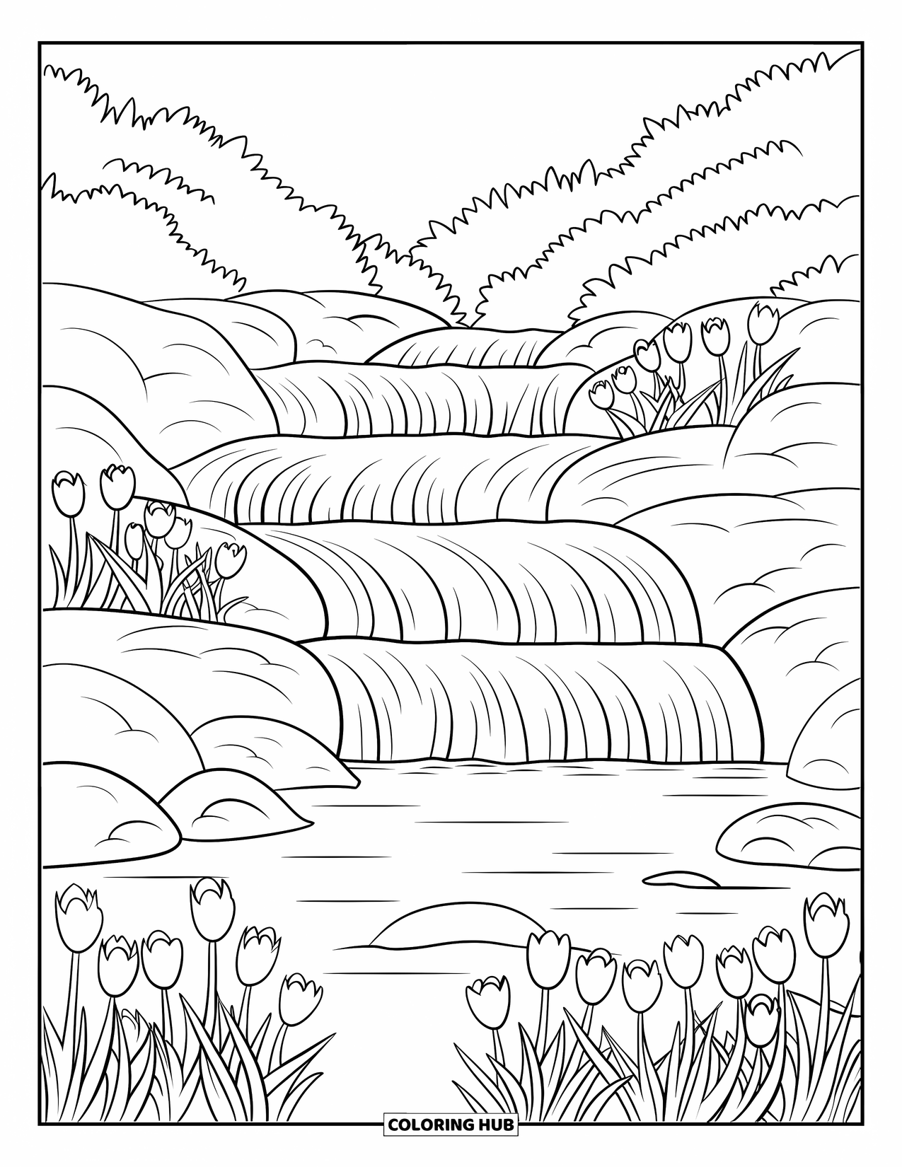 Tulip Coloring Page for Adults: A waterfall flows over rocks surrounded by tulips and greenery