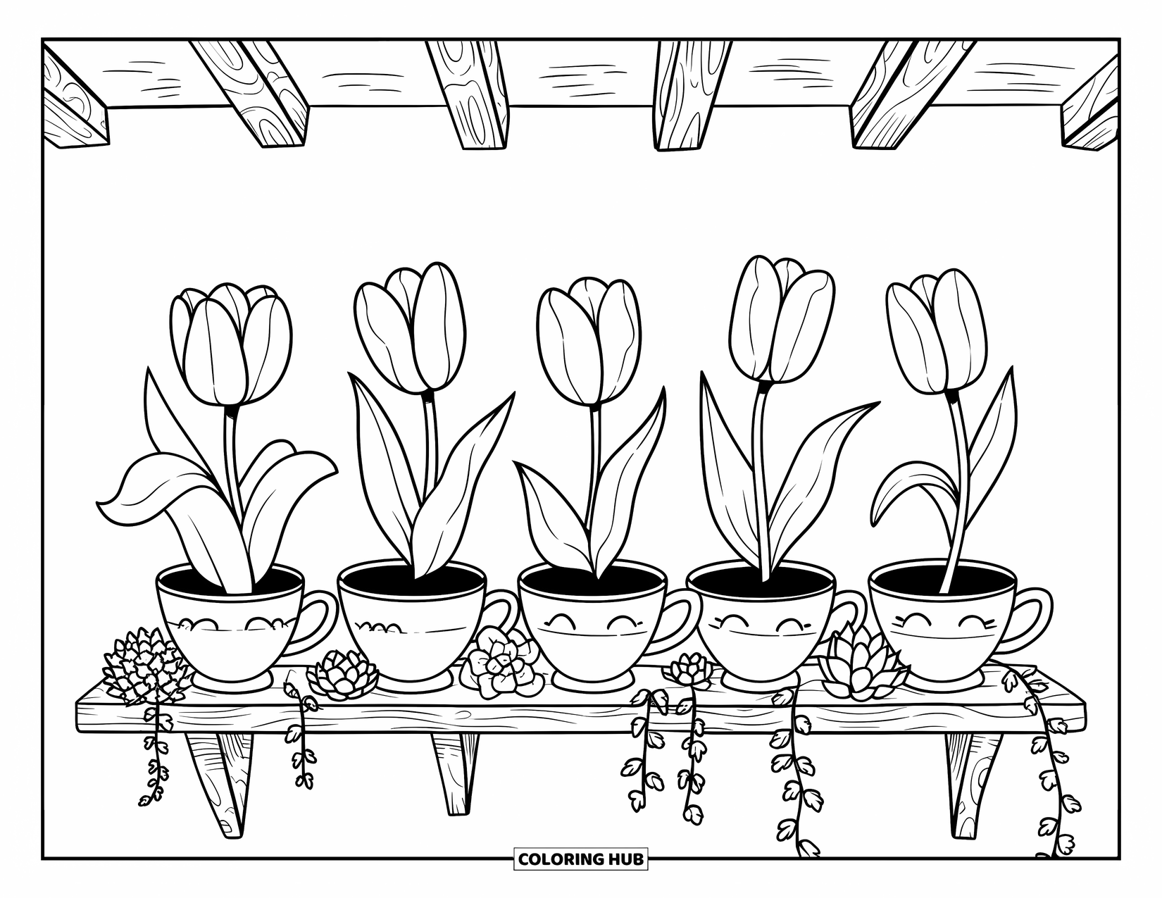 Tulip Coloring Page for Adults: Tea cups with tulips and succulents sit on a wooden shelf