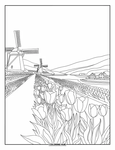 Tegning med tulipaner til voksne: Tulipanmarker fører hen til vindmøller under en klar himmel i en hollandsk scene