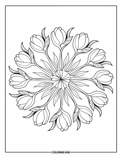 Tegning med tulipaner til voksne: Tulipanblade og hvirvler danner en udsmykket mandala med tydelige konturer