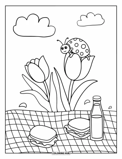 Tegning med tulipaner til voksne: Tulipaner og sandwich ligger på et tæppe med en mariehøne og skyer ovenover