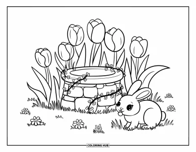 Tegning med tulipaner til voksne: Tulipaner blomstrer ved en ønskekilde mens en genert kanin gnaver på græs