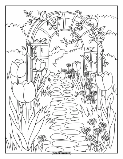 Tegning med tulipaner til voksne: Tulipaner blomstrer ved en brolagt sti under en rankeomviklet bue med fugle