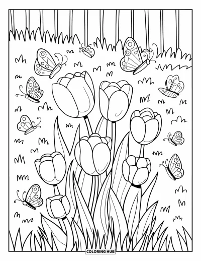 Tegning med tulipaner til voksne: Tulipaner blomstrer i en have med sommerfugle og bier der summer rundt