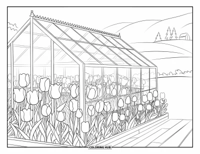 Tegning med tulipaner til voksne: Tulipaner blomstrer i et drivhus med glasvægge omgivet af træer og bakker