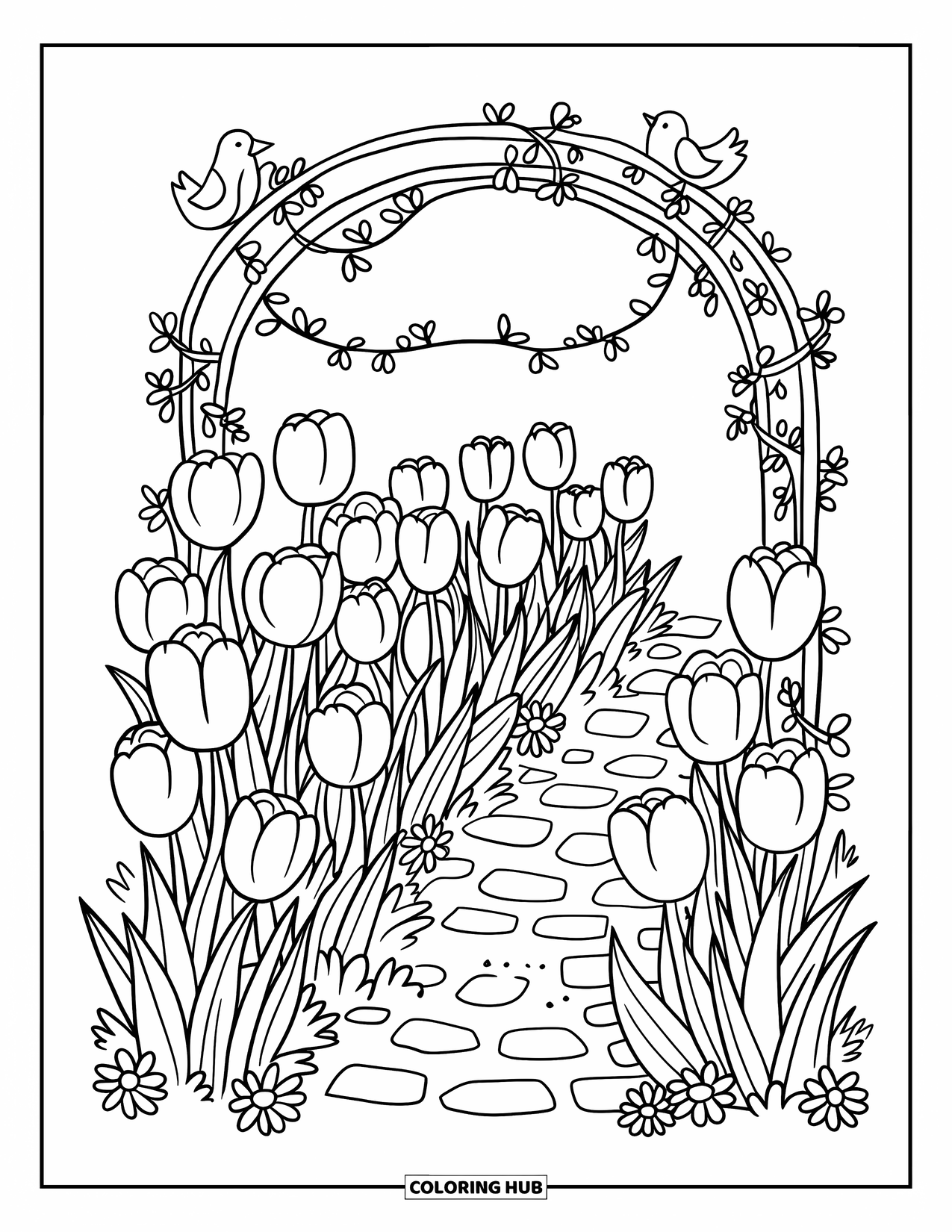 Tulip Coloring Page for Adults: Tulips grow along a cobblestone path under a vine-covered arch