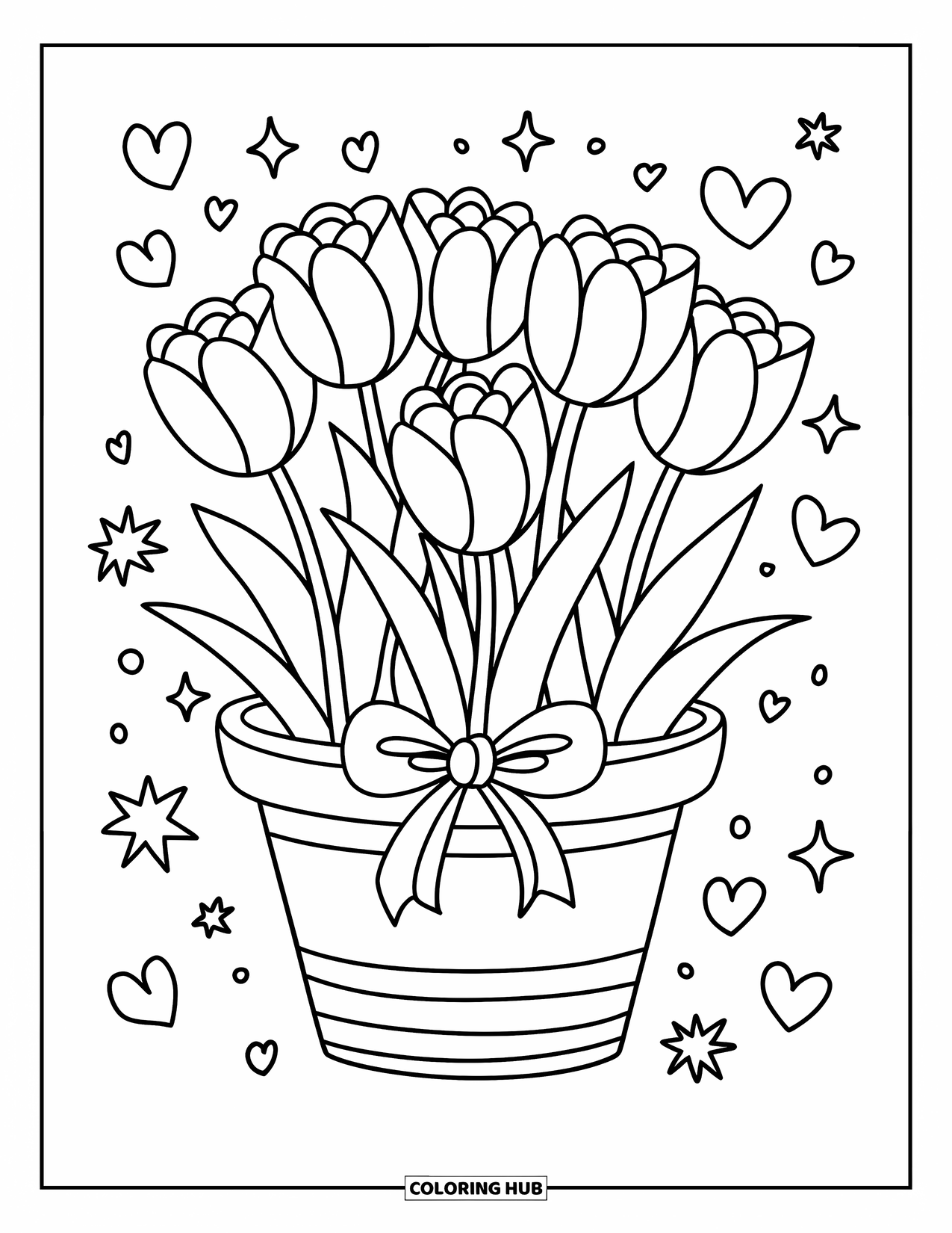 Tulip Coloring Page for Adults: Tulips in a flower pot with a bow, surrounded by hearts and stars