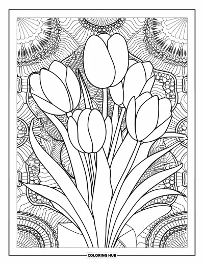 Tegning med tulipaner til voksne: Tulipaner i en vase har en blondebaggrund med indviklede detaljer