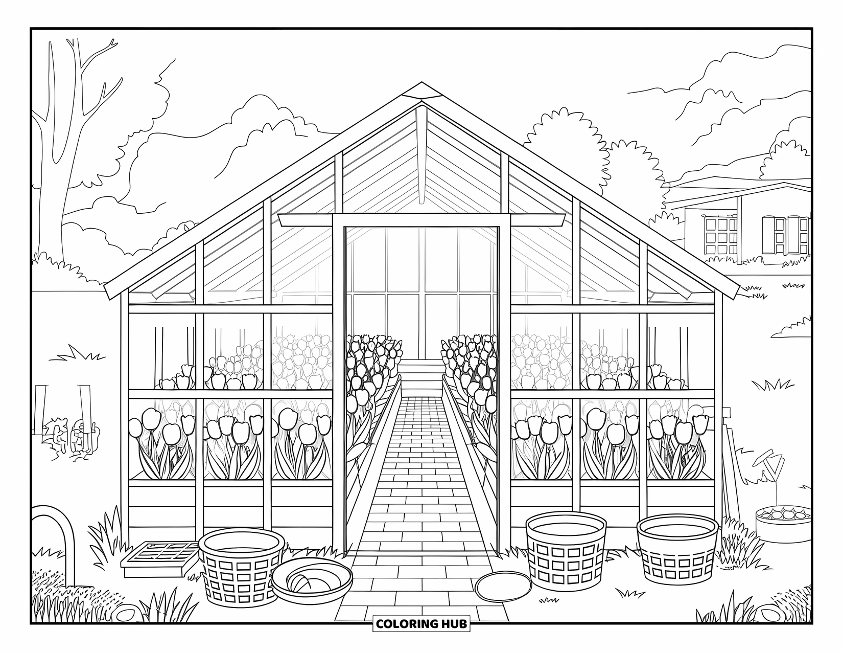 Tulip Coloring Page for Adults: Tulips in full bloom fill a wooden greenhouse with brick flooring