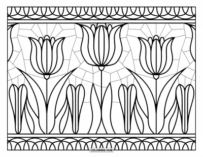 Tegning med tulipaner til voksne: Tulipaner med forskellige mønstre fylder et mosaik-design med en bølget kant