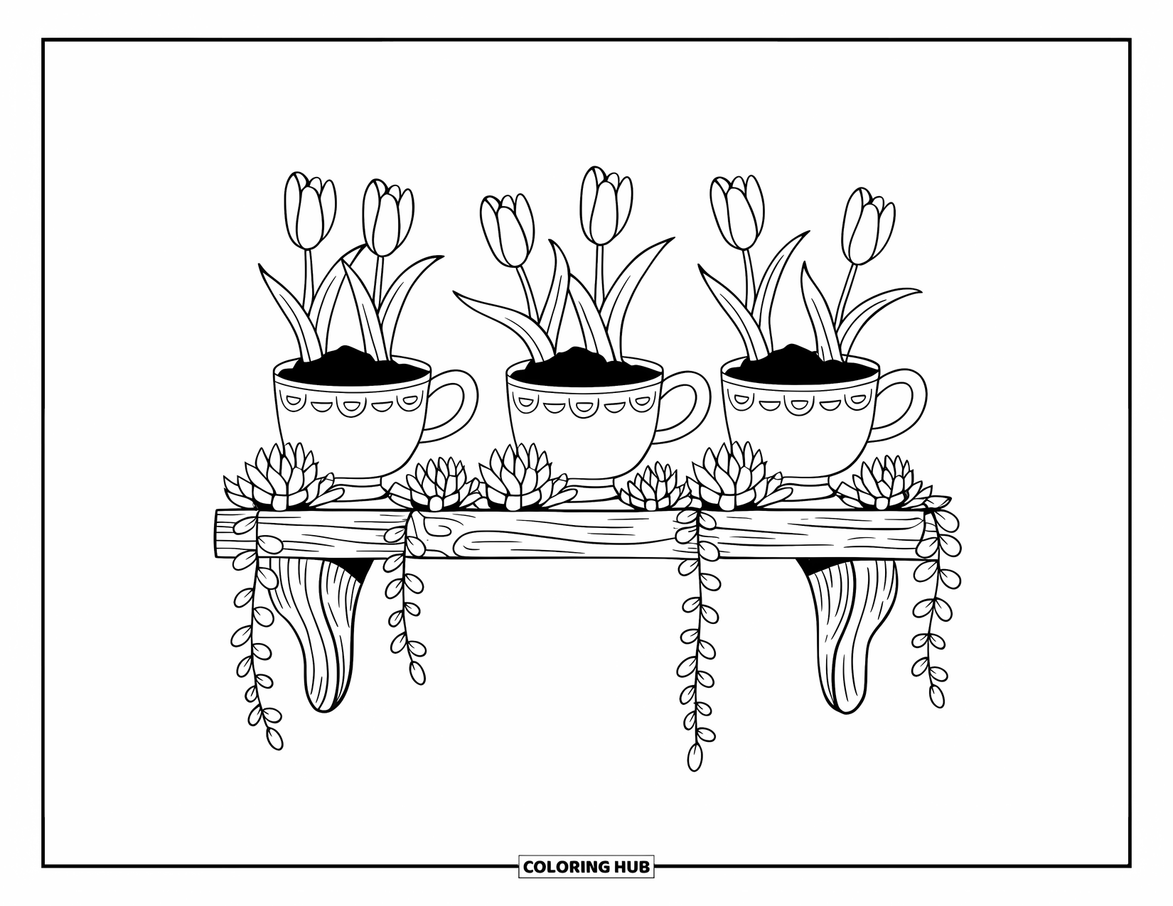 Tulip Coloring Page for Adults: Tulips sprout from vintage tea cups on a rustic wooden shelf