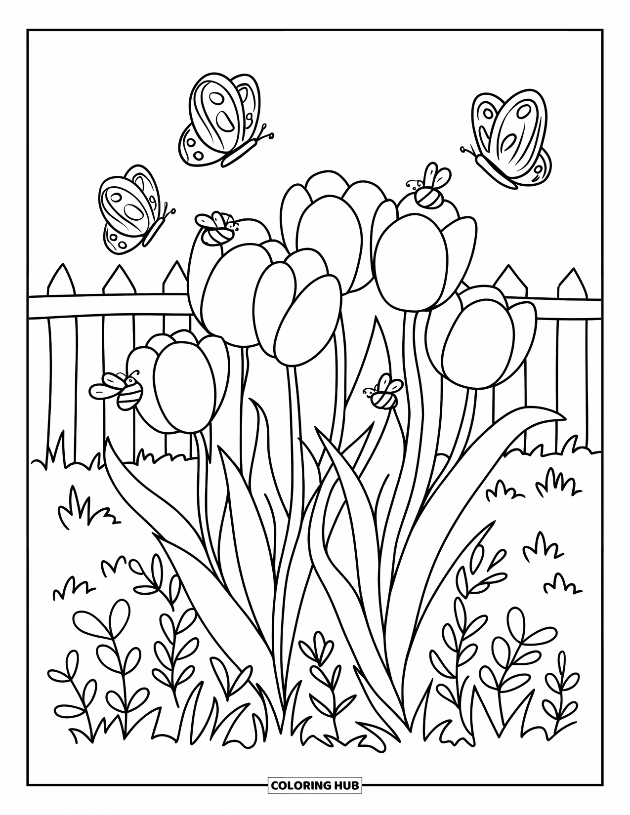 Tulip Coloring Page for Adults: Tulips sway as butterflies and bees collect nectar nearby